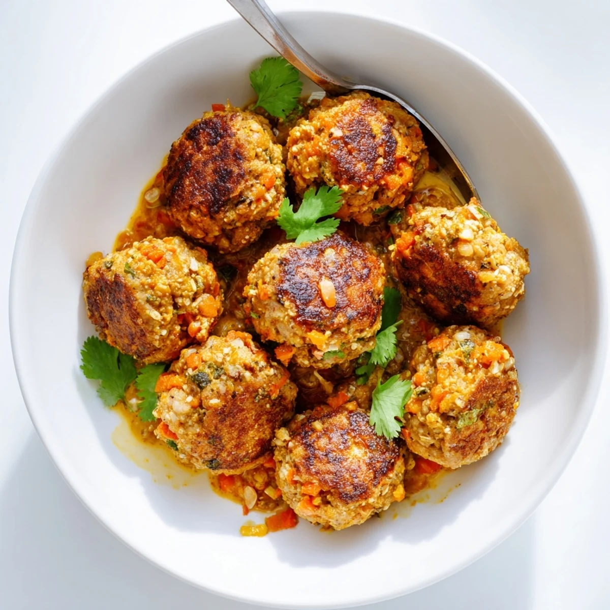 Warm Carrot And Chickpea Balls In Coconut Curry Sauce, creamy, fragrant, garnished with cilantro