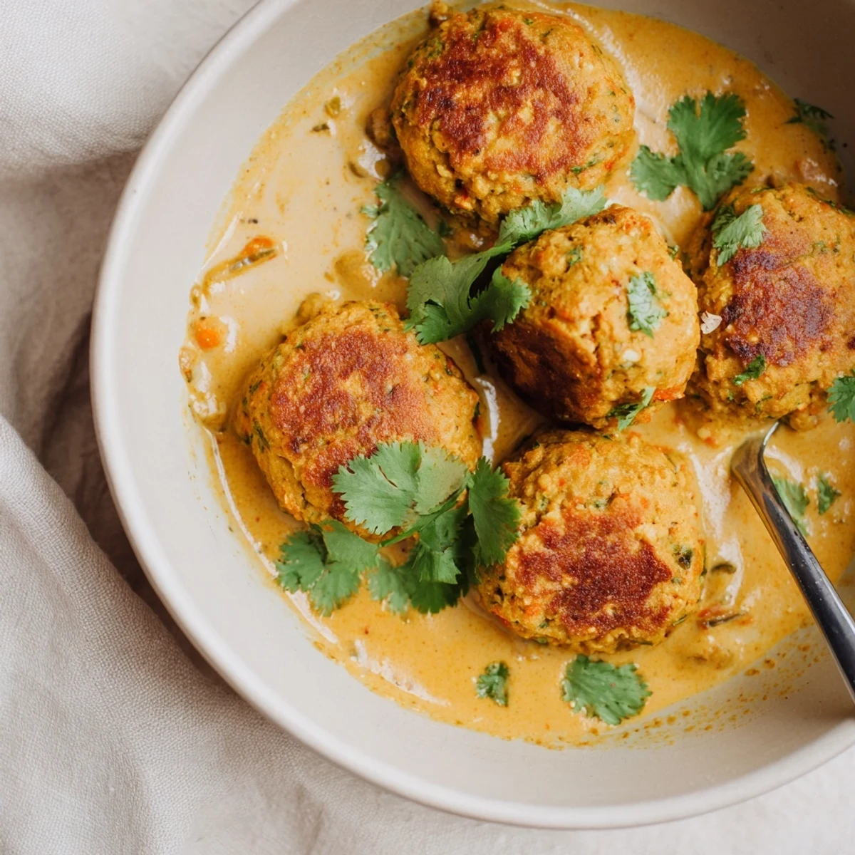 Pan fried Carrot And Chickpea Balls In Coconut Curry Sauce, golden, saucy, aromatic