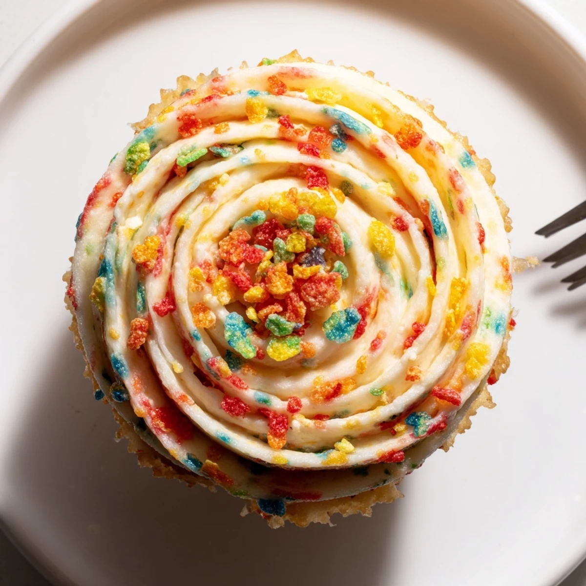 Creamy Fruity Pebbles Cereal Frosting piped onto vanilla cupcakes with rainbow crunch