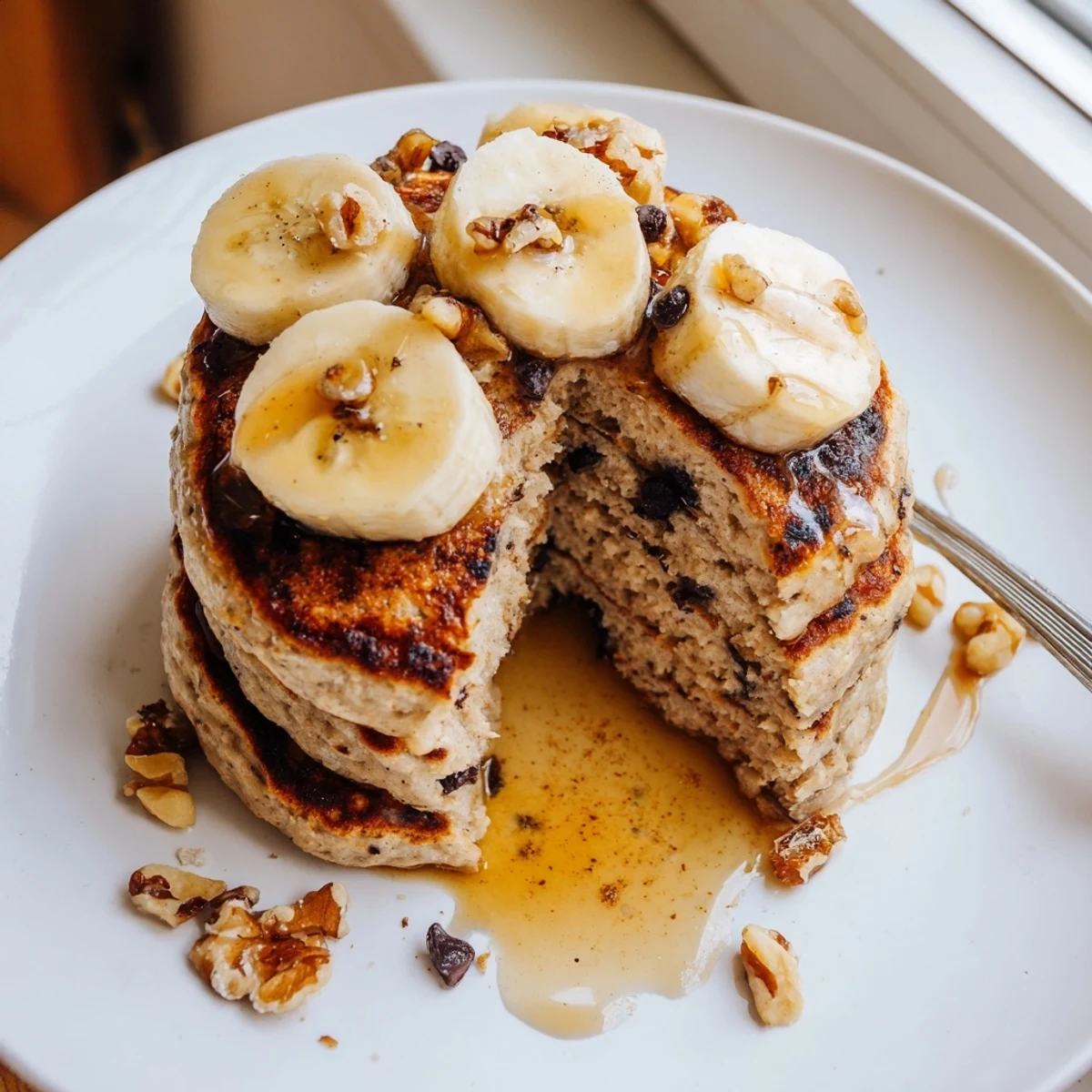 Stack of golden Protein Banana Pancakes steaming on plate with sliced bananas
