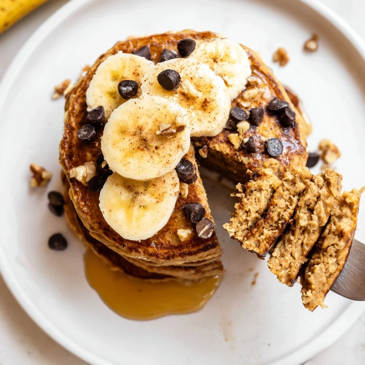 Fluffy Protein Banana Pancakes sizzling on griddle, ready for maple drizzle