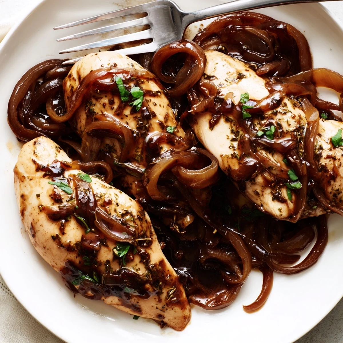 Juicy slow cooker balsamic chicken draped in a glossy, tangy glaze with caramelized onions