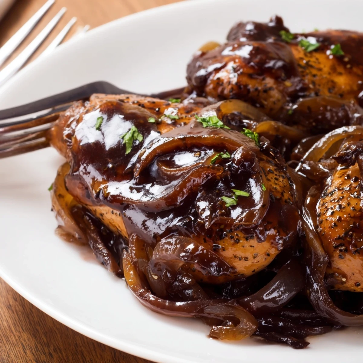 Tender slow cooker balsamic chicken plated over fluffy white rice with fresh parsley garnish