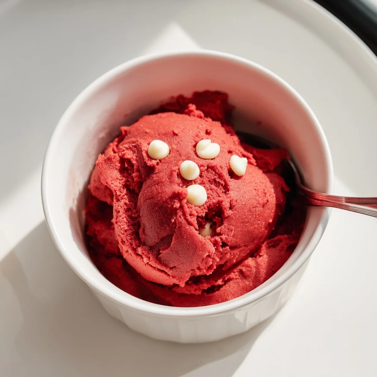 Creamy red velvet cookie dough studded with white chocolate chips in a rustic bowl