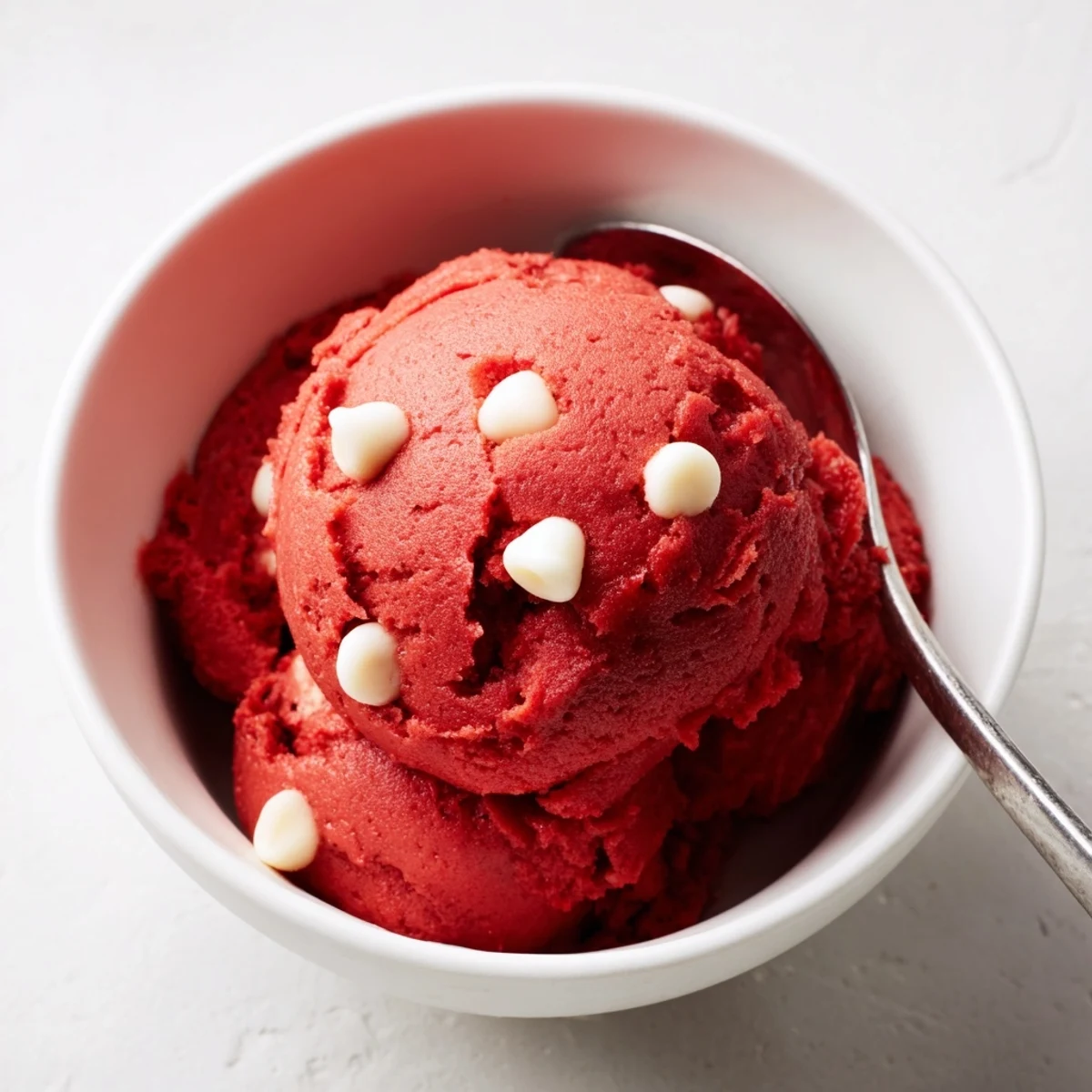 Rich cocoa-flavored red velvet cookie dough topped with mini white chocolate chips