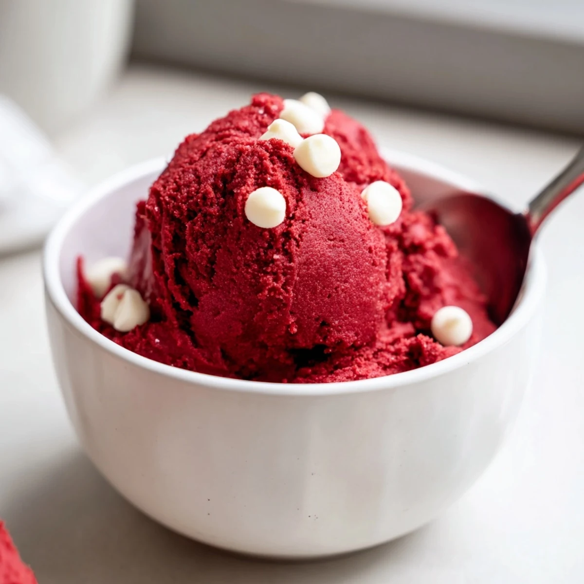 Bright red velvet cookie dough scooped into bite-sized balls on a marble countertop