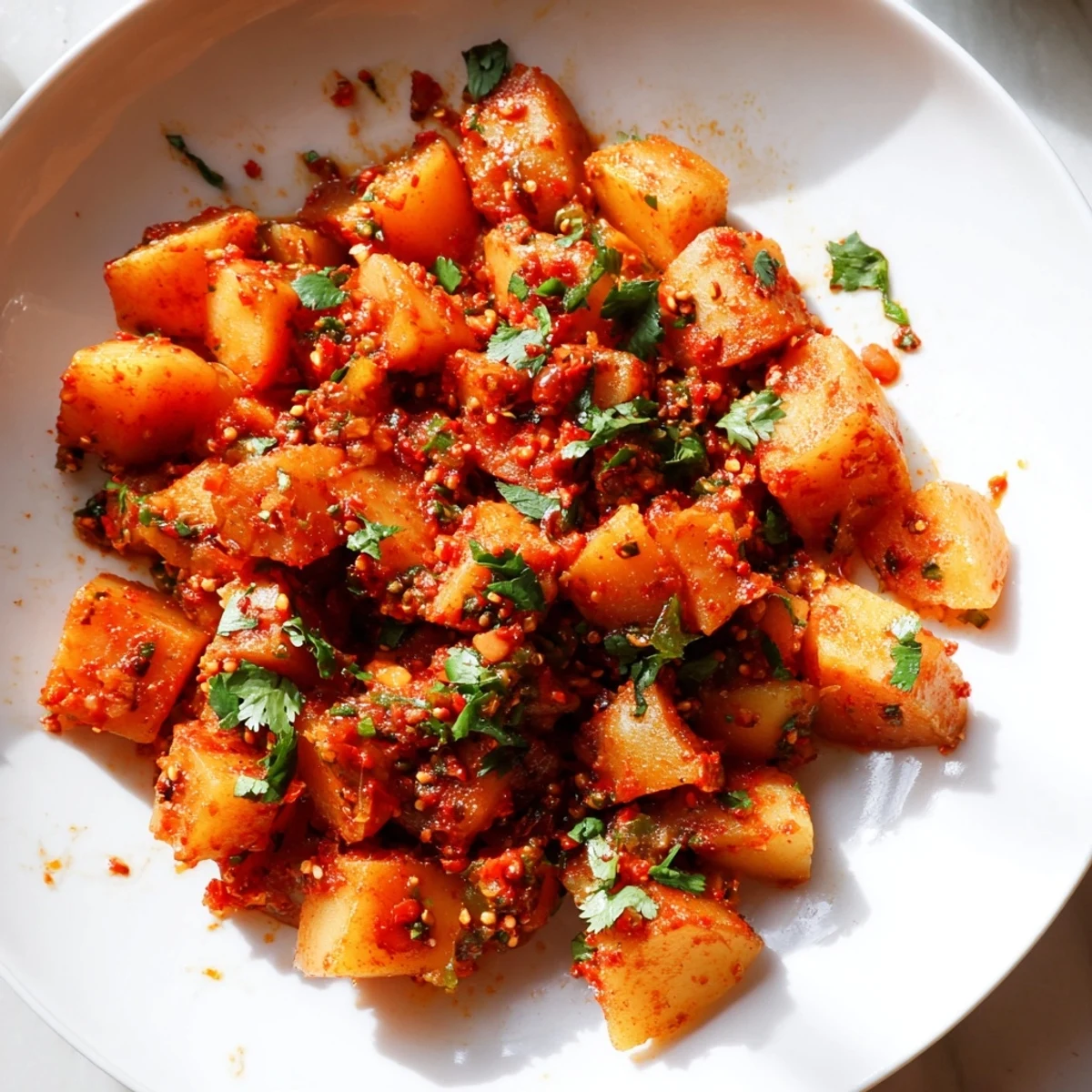 Golden papas con chile topped with fresh cilantro in a cast iron skillet