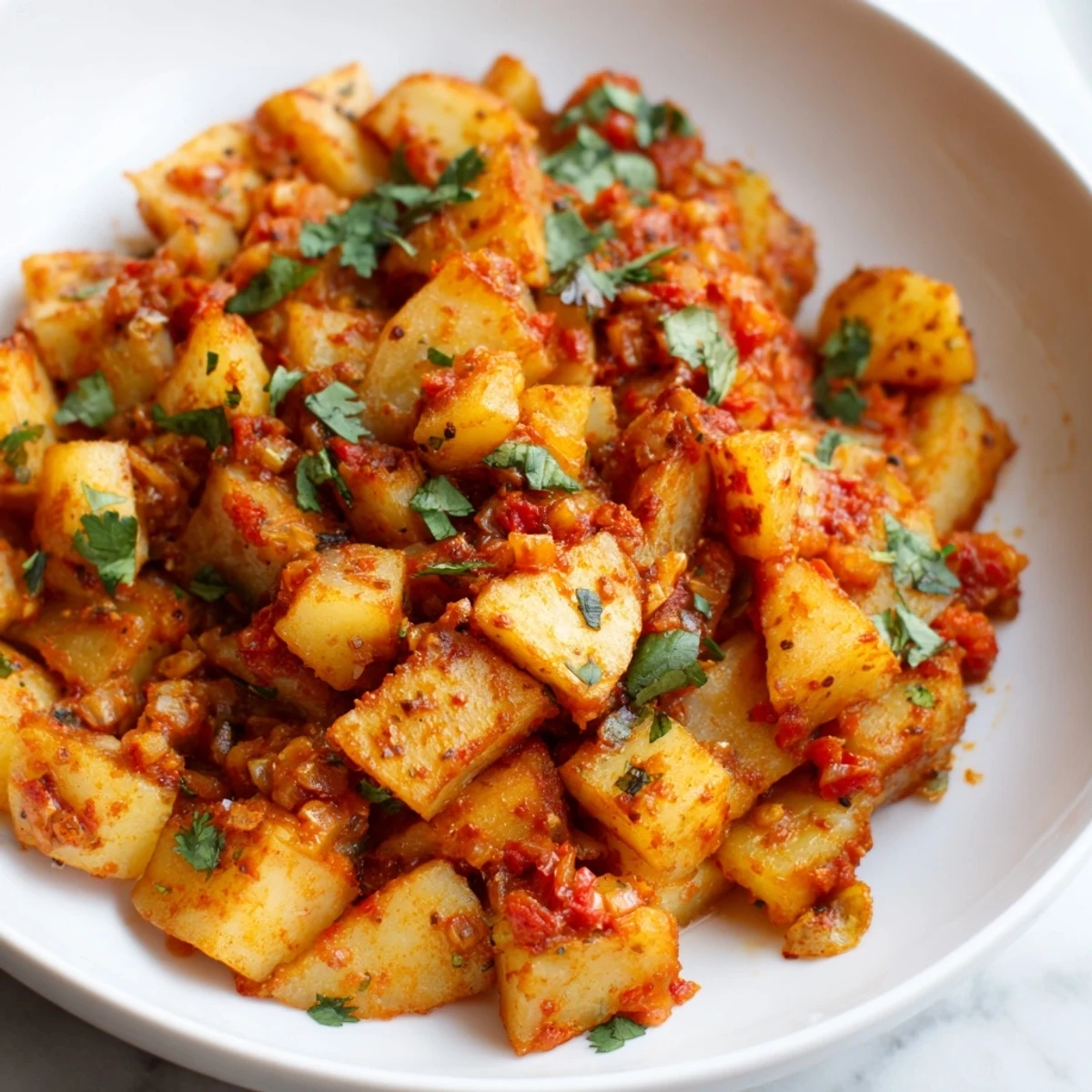 Hearty papas con chile served steaming hot with vibrant green cilantro garnish