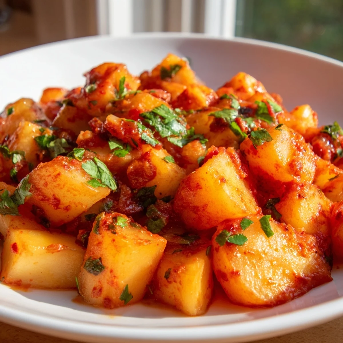 Tender papas con chile simmered in a rich and mildly spicy sauce