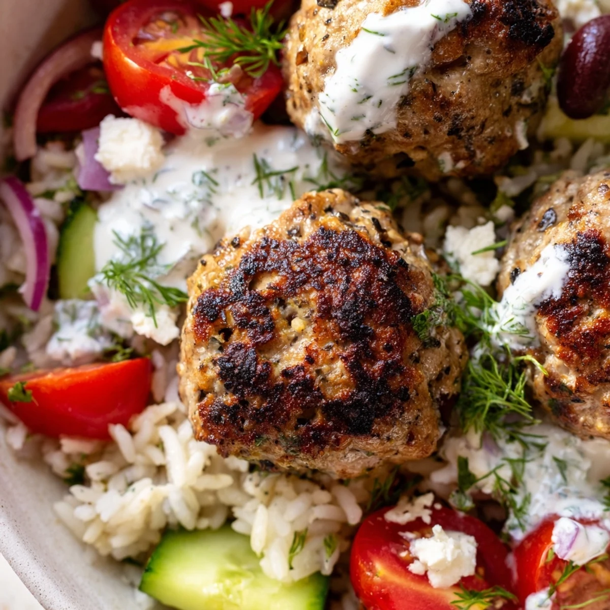 Creamy yogurt sauce drizzled over Mediterranean za'atar turkey meatball bowls with crisp cucumbers