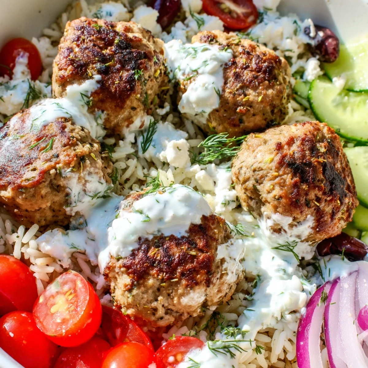 Golden za'atar-crusted turkey meatballs nestled over herbed rice with fresh Mediterranean toppings