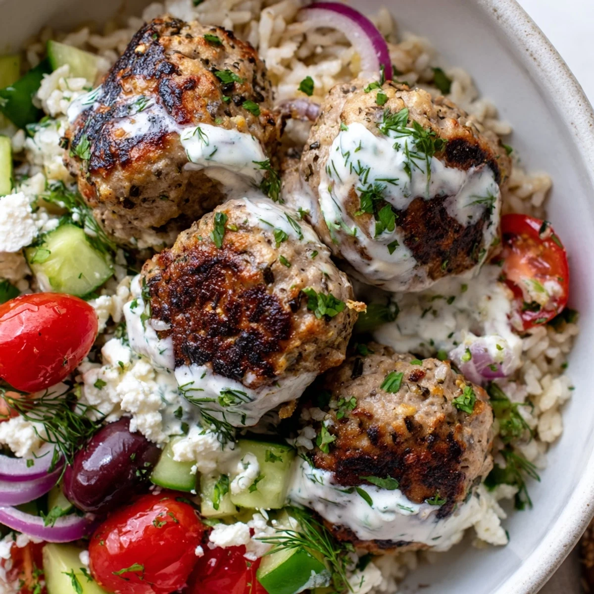 Sizzling Mediterranean za'atar turkey meatballs served alongside colorful vegetables and fluffy seasoned rice