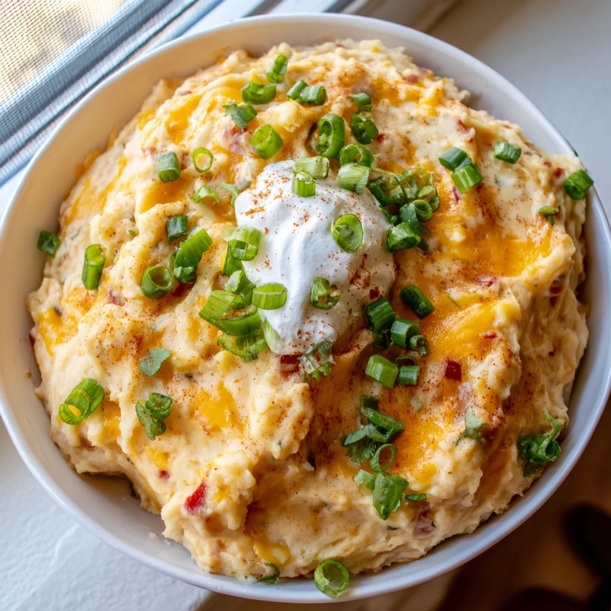 Creamy Tex Mex mashed potatoes topped with melted cheddar and fresh cilantro