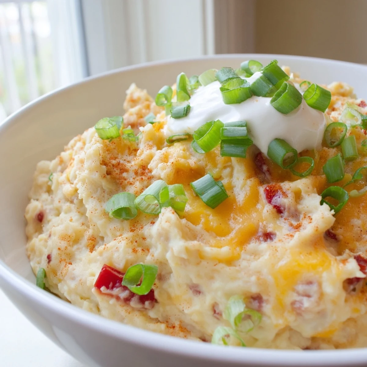 Spicy Tex Mex mashed potatoes served in a bowl with colorful bell pepper bits