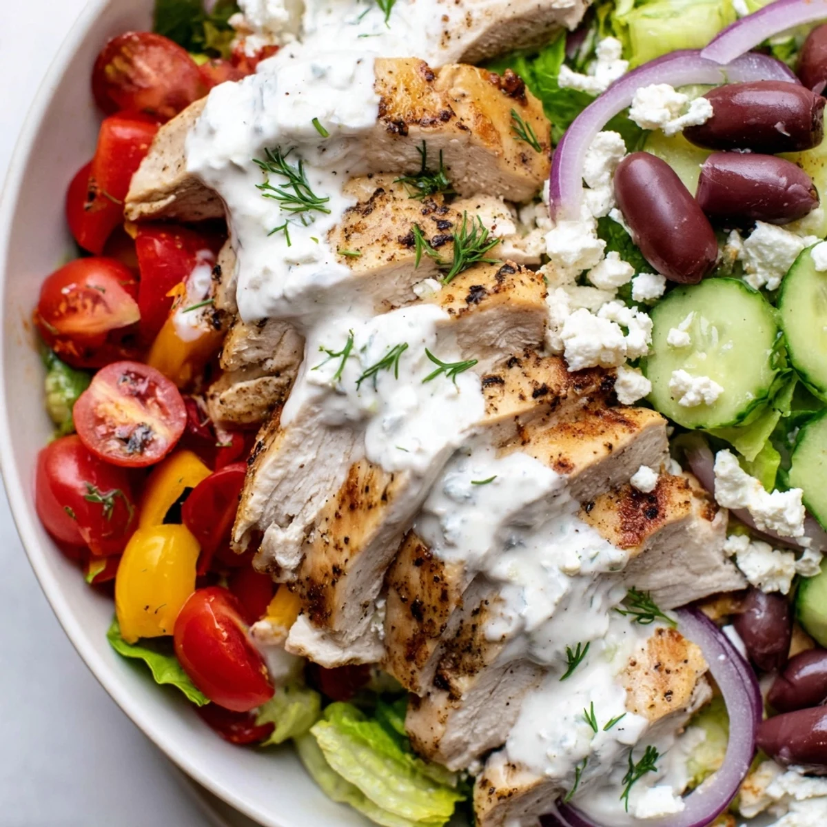Juicy grilled Greek Chicken Salad drizzled with creamy whipped feta dressing and fresh vegetables
