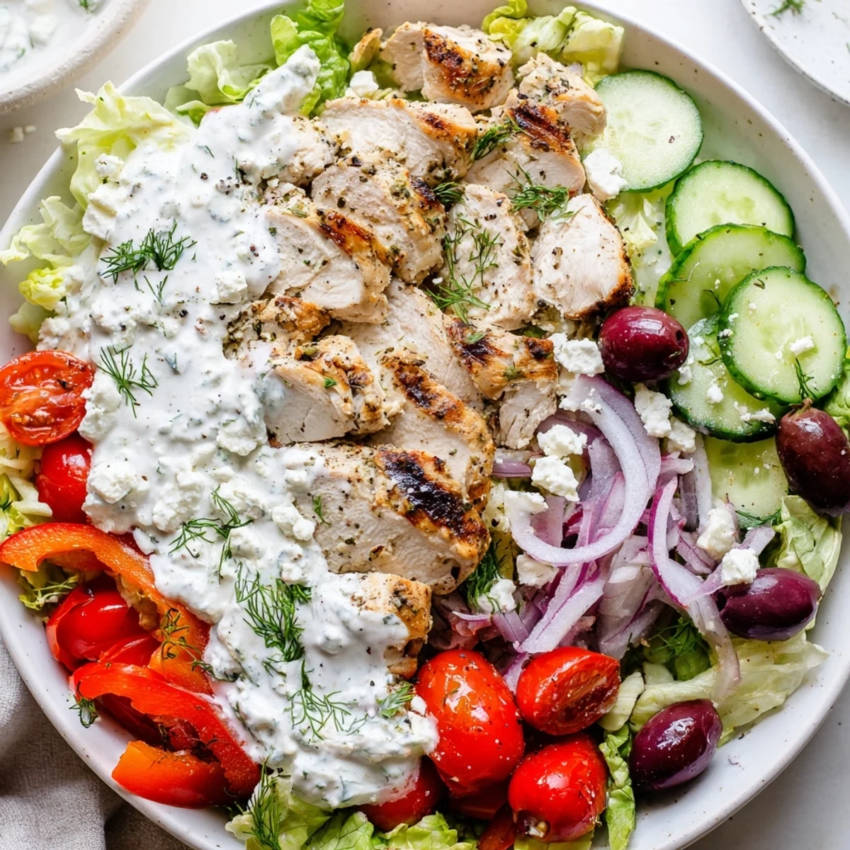 Colorful Greek Chicken Salad topped with sliced chicken, olives, and tangy whipped feta