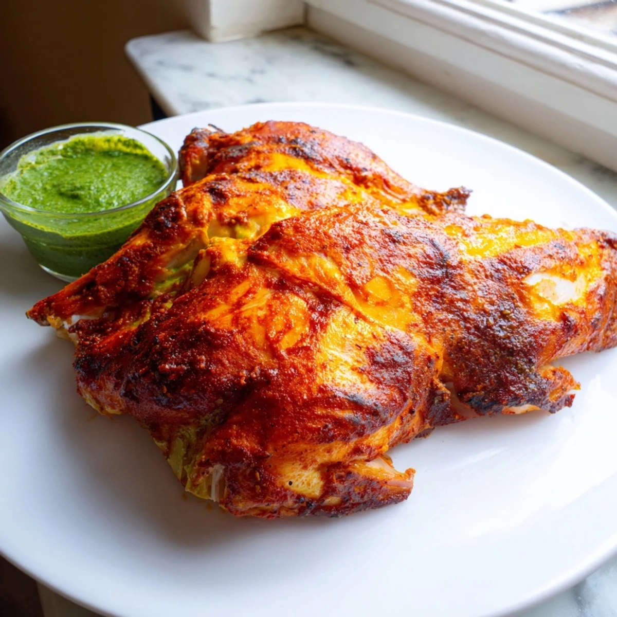 Golden Peruvian Chicken Delight with crispy skin served alongside creamy cilantro green sauce
