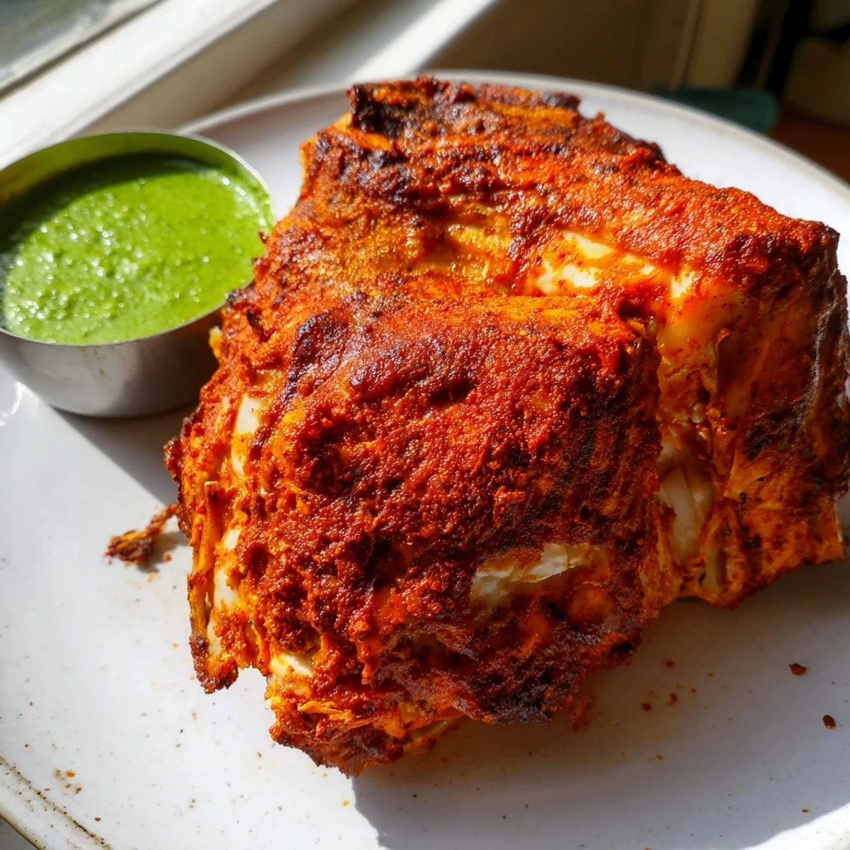 Tender Peruvian Chicken Delight garnished with fresh lime wedges and drizzled with vibrant aji verde