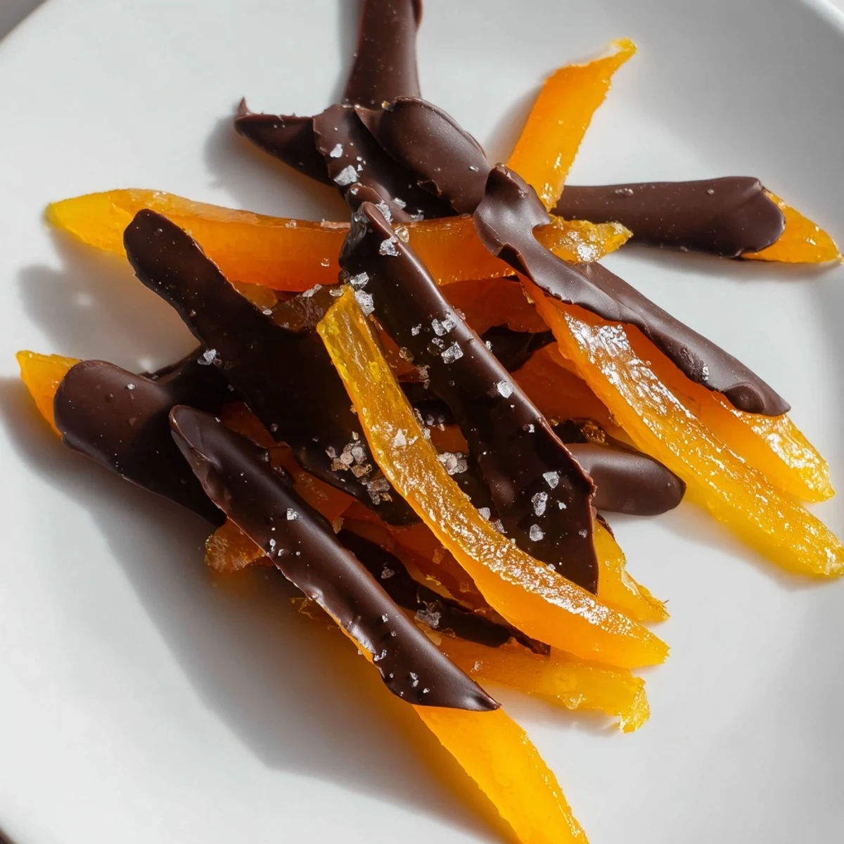 Glossy chocolate covered orange peels arranged on parchment, dotted with sea salt