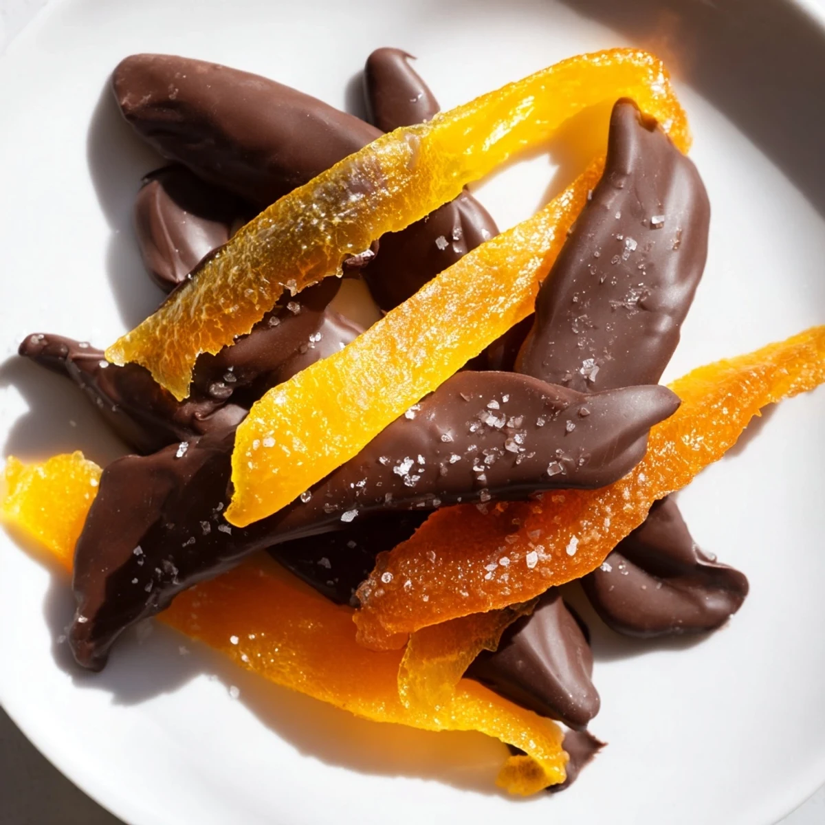 Half-dipped chocolate covered orange peels drizzled with rich melted dark chocolate