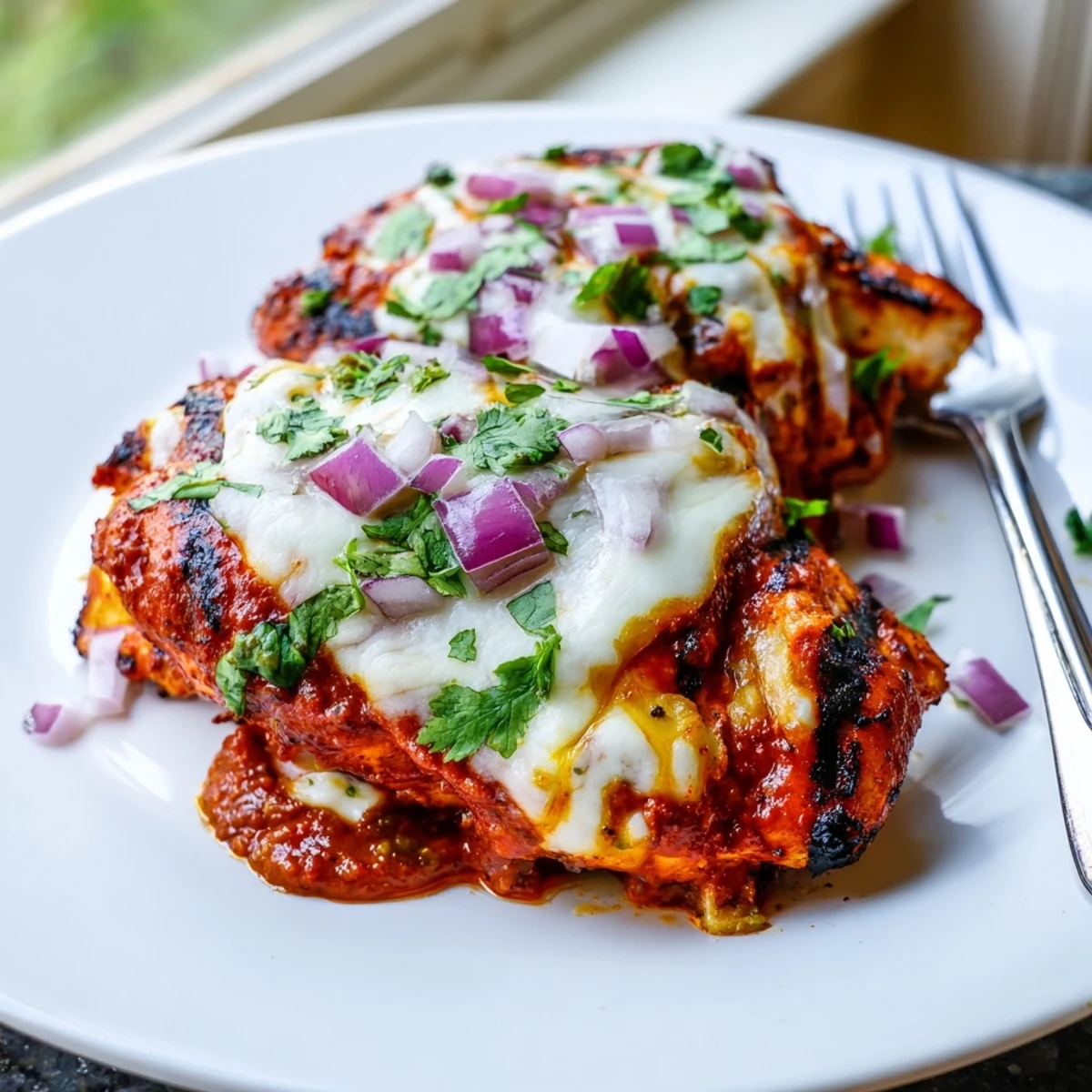Juicy grilled salsa verde pepper jack chicken with melted cheese and fresh cilantro garnish