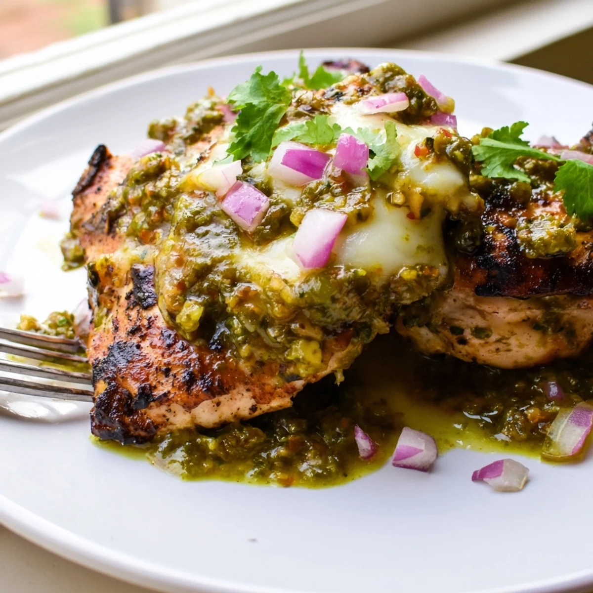 Golden grilled salsa verde pepper jack chicken topped with bubbling cheese and lime wedges