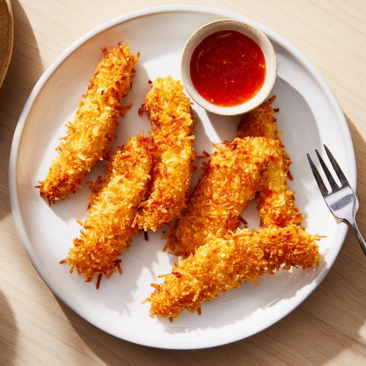 Golden crunchy coconut chicken strips served hot with sweet chili dipping sauce