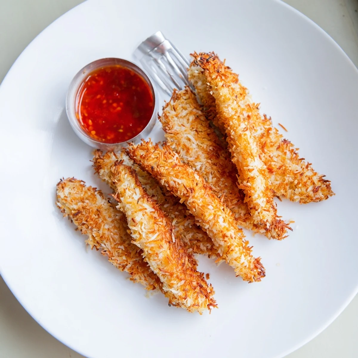 Crispy coconut chicken tenders arranged on a platter alongside mango chutney