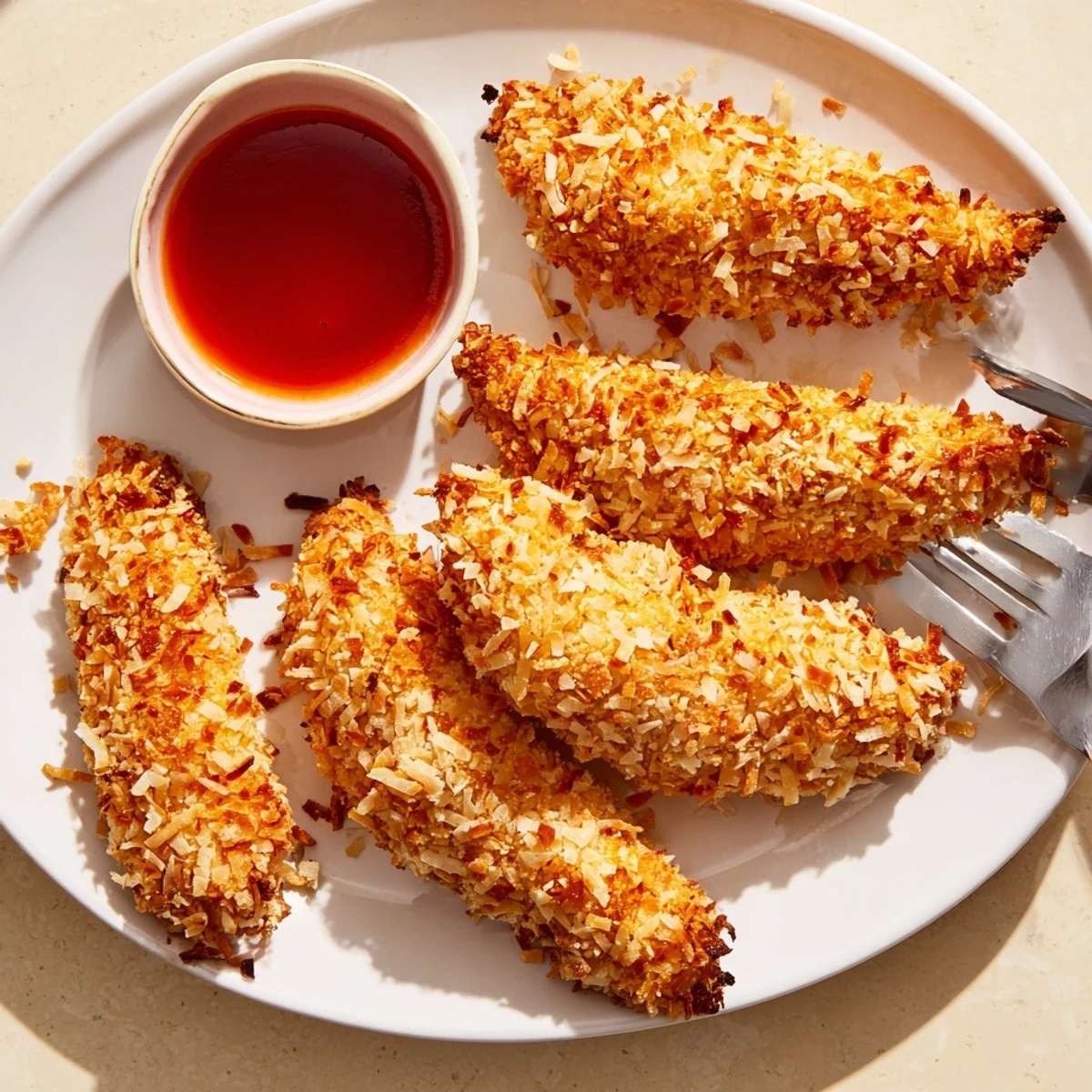 Crunchy coconut chicken fresh from the oven with a perfectly golden crust