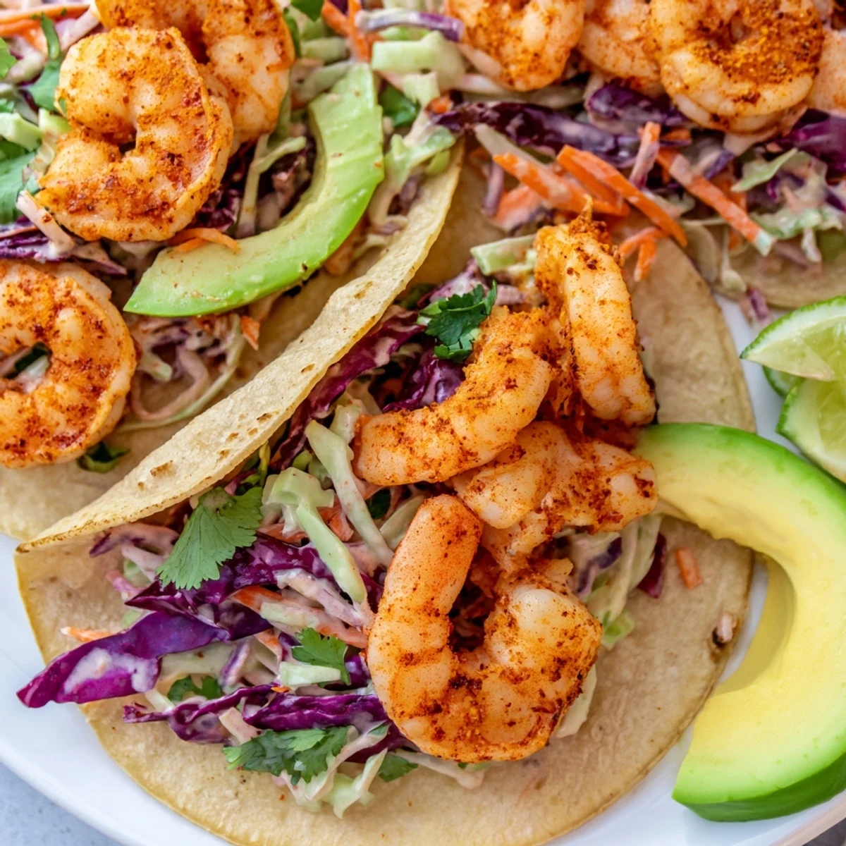 Spicy shrimp tacos with garlic cilantro lime slaw on warm corn tortillas