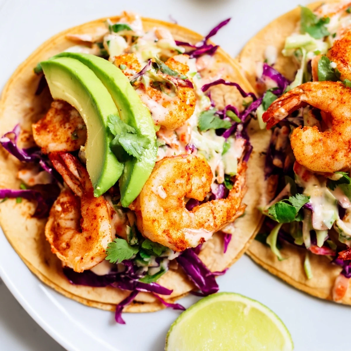 Crispy slaw-topped spicy shrimp tacos drizzled with creamy cilantro lime dressing