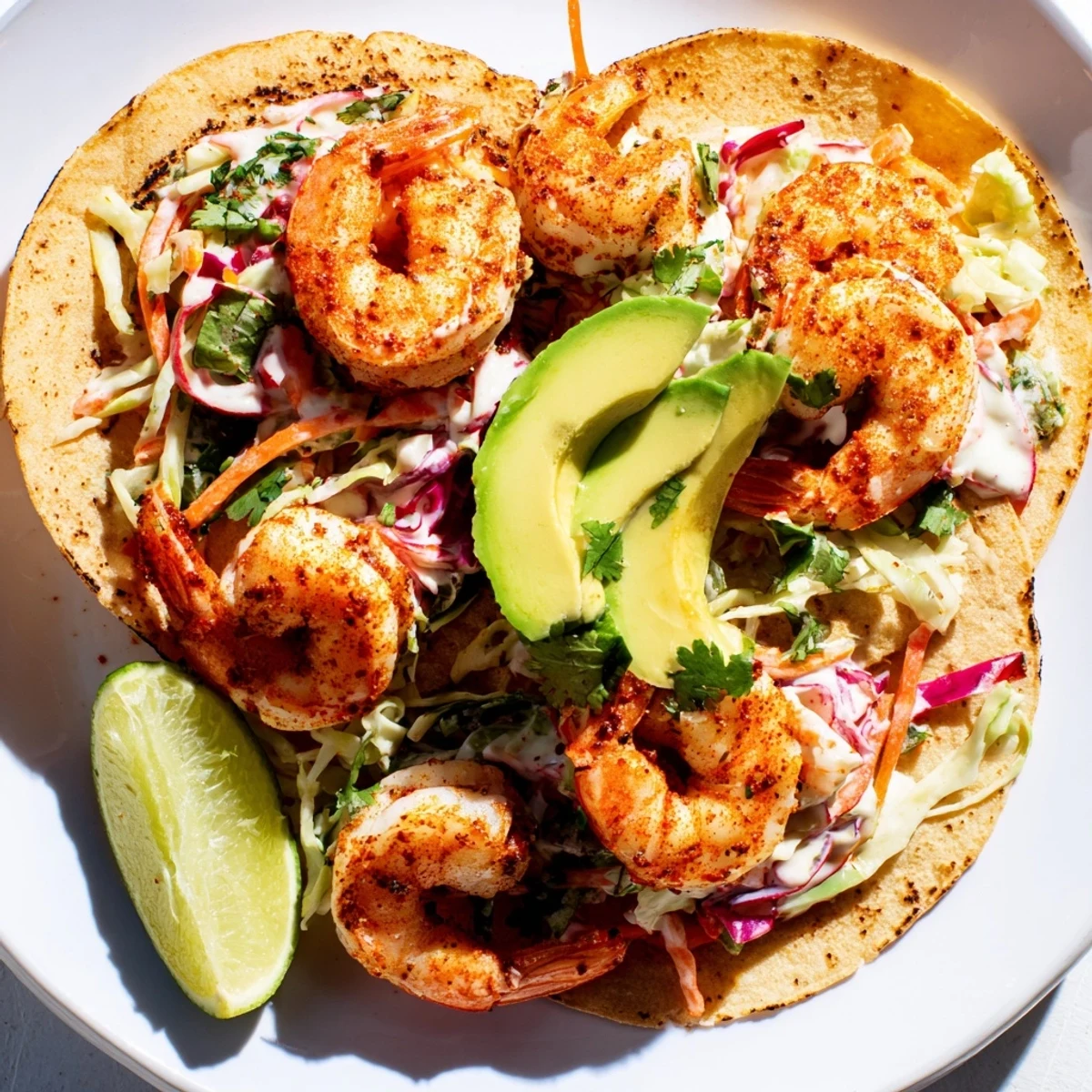 Golden seasoned shrimp nestled in tortillas with tangy garlic cilantro lime slaw