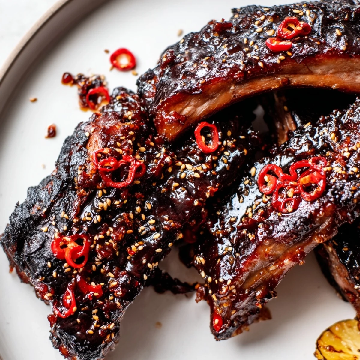 Tender Korean BBQ lamb ribs coated in sticky gochujang glaze finished with a bright yuzu squeeze