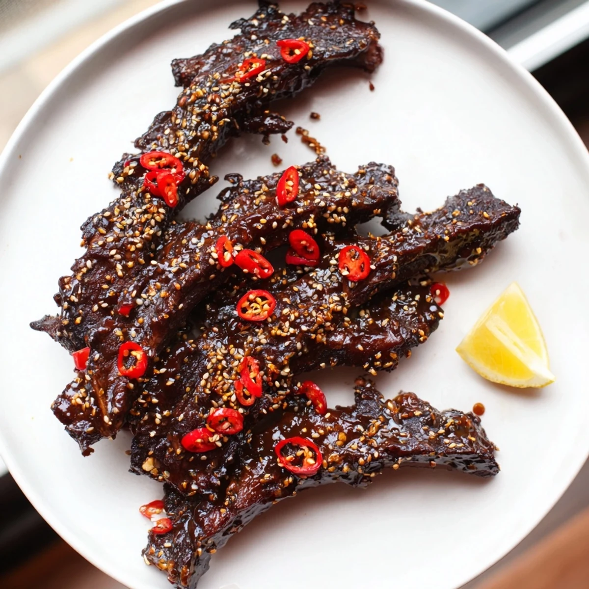 Caramelized Korean BBQ lamb ribs charred on the edges topped with sliced spring onions and chili