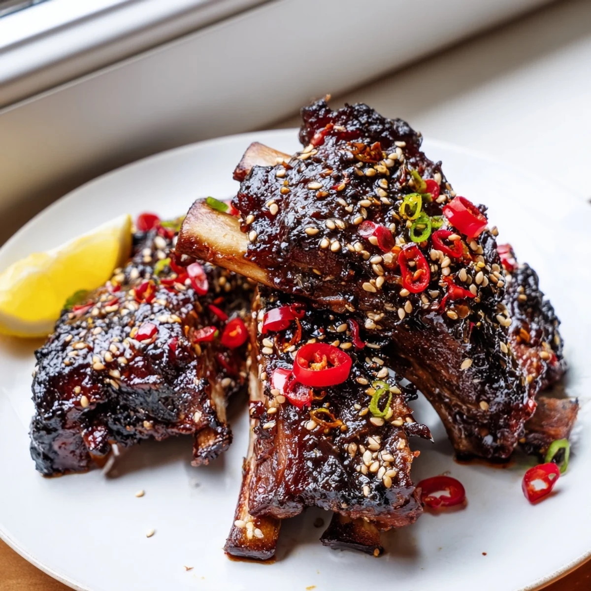 Glazed Korean BBQ lamb ribs glistening on a platter with fresh yuzu wedges and sesame seeds