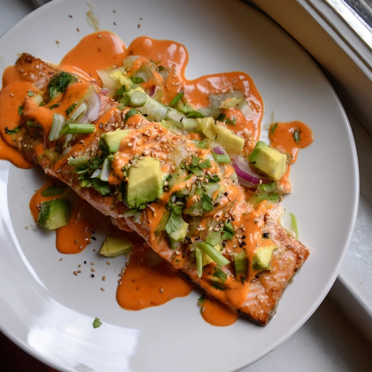 Juicy Bang Bang Salmon drizzled with spicy sauce and served over fresh avocado cucumber salsa