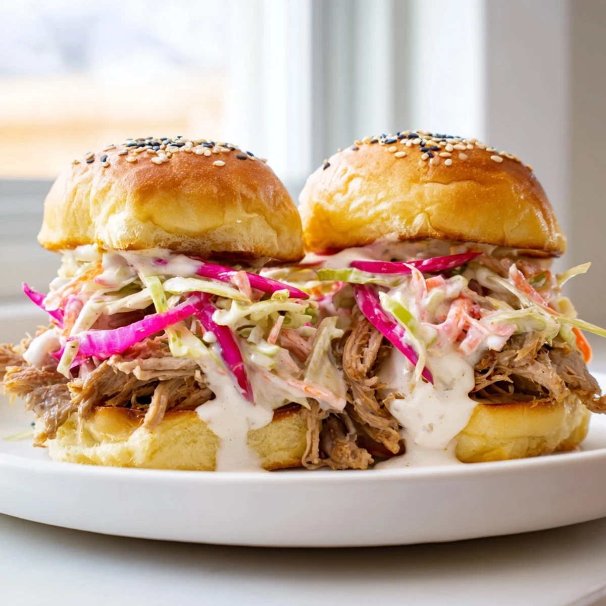 Creamy Alabama white sauce draped over tender pulled lamb in soft slider buns
