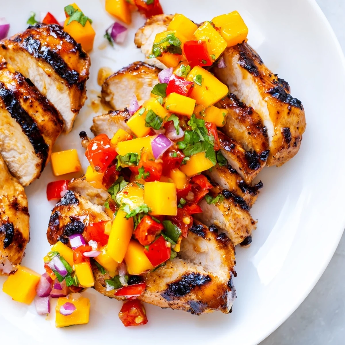 Honey Lime Chicken With Mango Salsa garnished with cilantro on a white plate