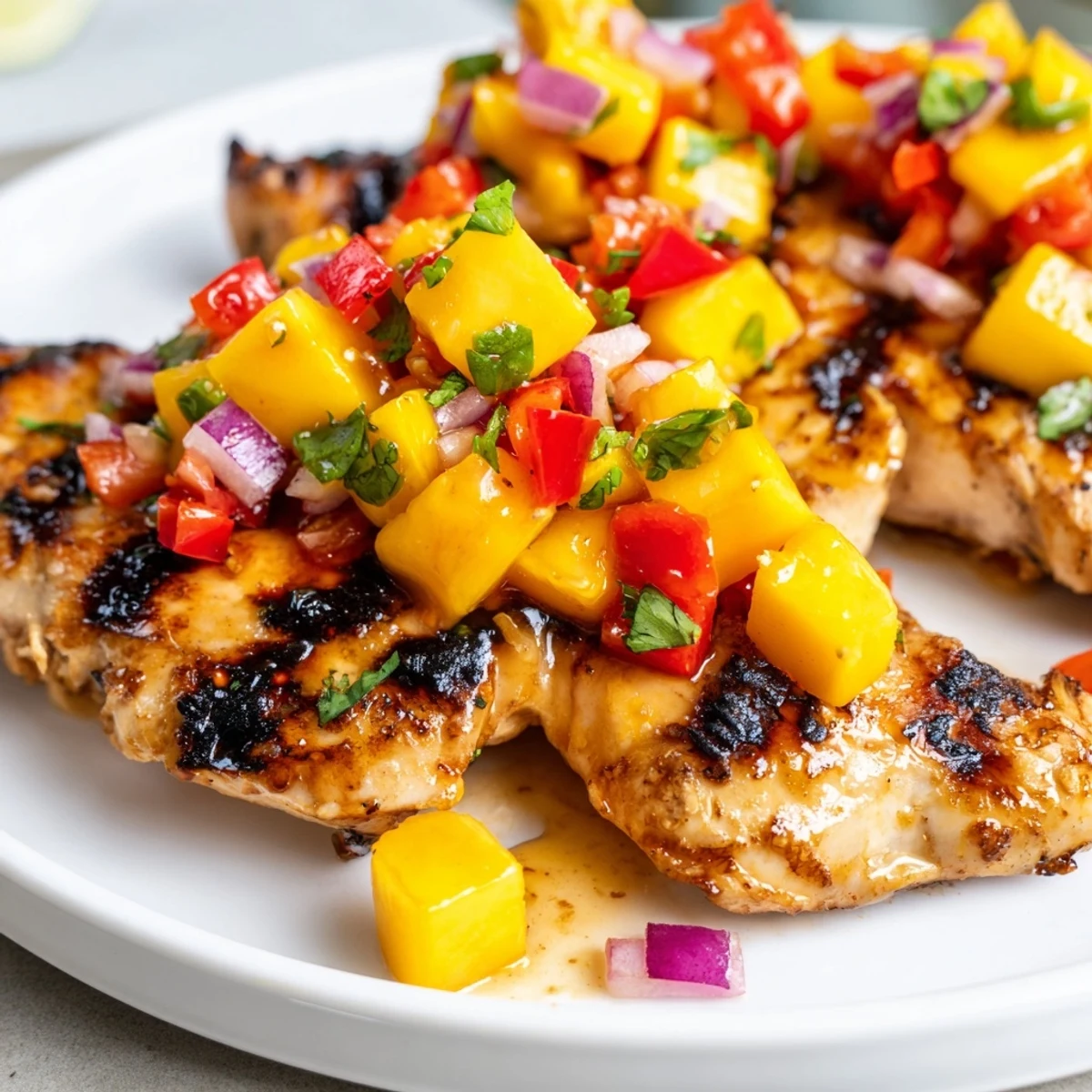 Honey Lime Chicken With Mango Salsa served over rice with fresh lime wedges