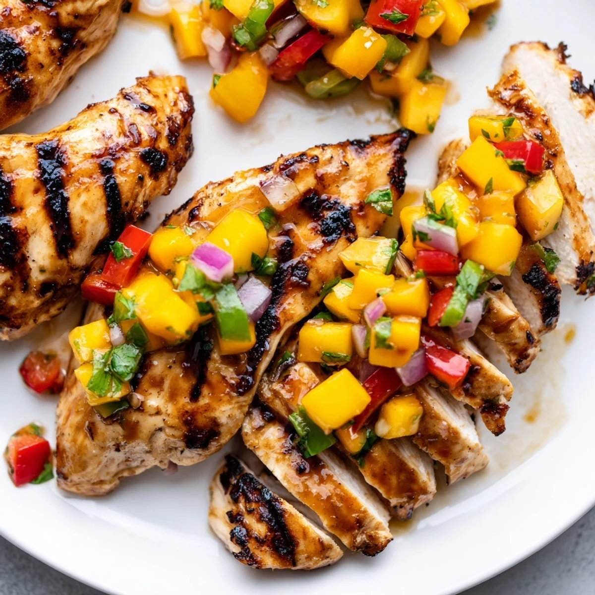 Grilled Honey Lime Chicken With Mango Salsa with charred edges and colorful fruit topping