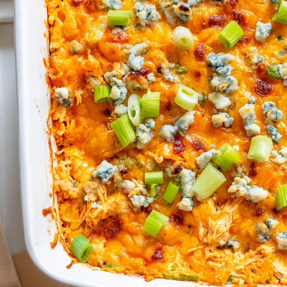 Golden baked Jalapeno Buffalo Chicken Casserole with melted cheddar and bubbling mozzarella cheese topping