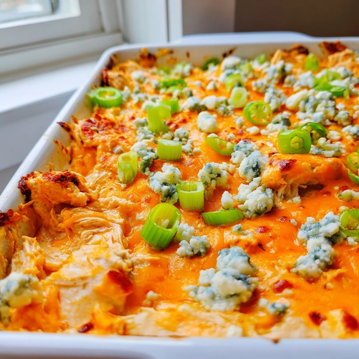 Steaming spoonful of Jalapeno Buffalo Chicken Casserole topped with blue cheese crumbles and green onions
