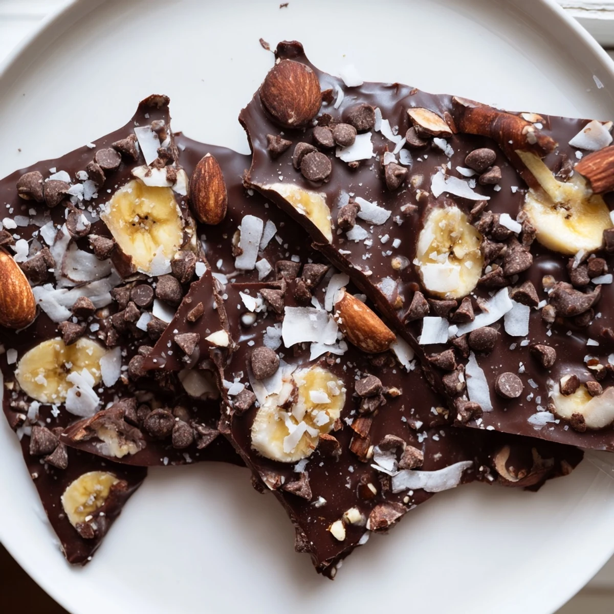 Glossy chocolate banana bark topped with crunchy roasted nuts and flaky sea salt