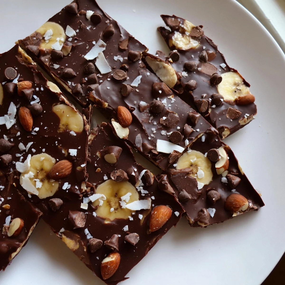 Creamy chocolate covers sweet banana slices studded with shredded coconut and almonds
