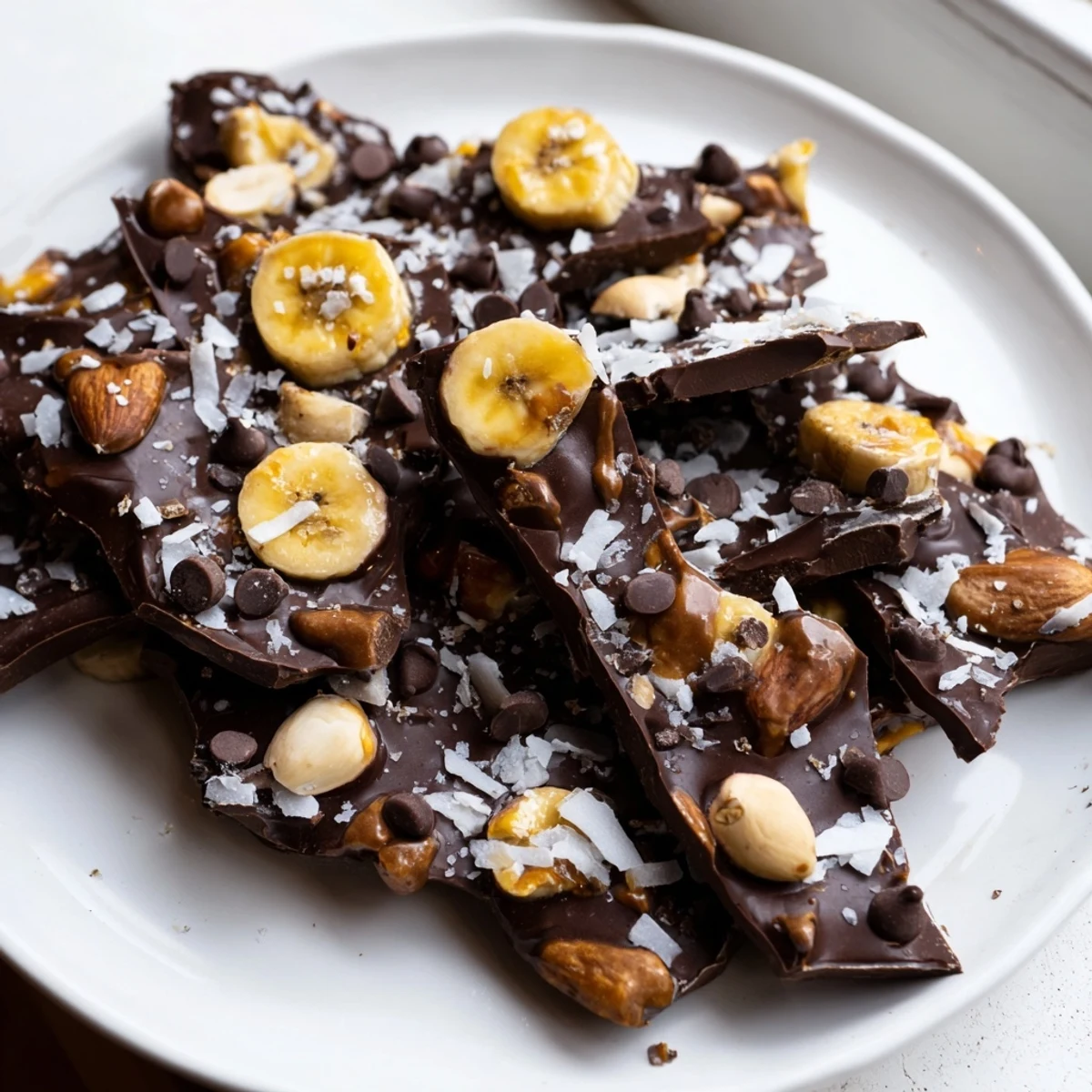 Rich chocolate banana bark broken into rustic pieces dotted with mini chocolate chips