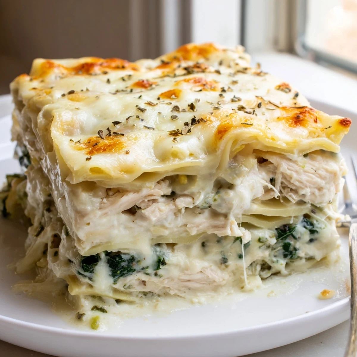 Creamy white chicken lasagna with layers of melted cheese and tender shredded chicken