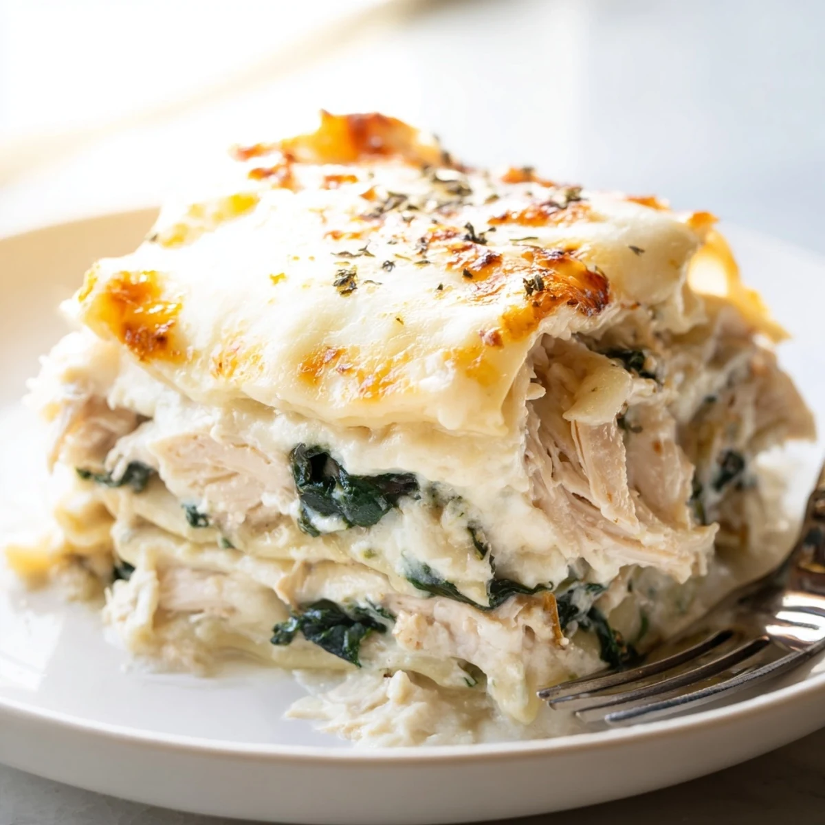 Golden bubbling white chicken lasagna topped with melted mozzarella and fresh herbs