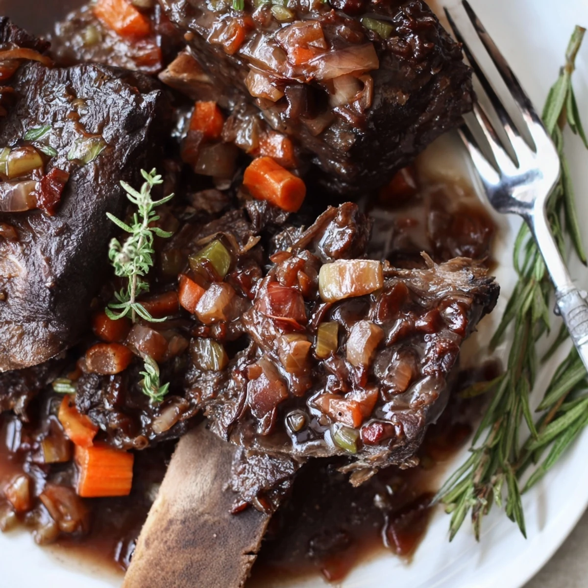 Fall-off-the-bone oven braised beef short ribs glazed in a rich, dark wine sauce