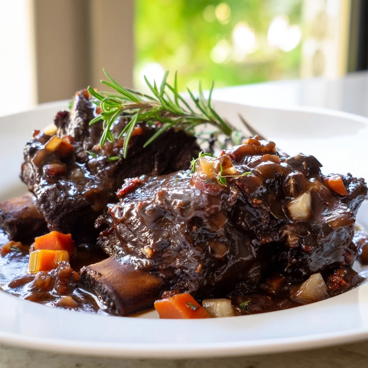 Tender oven braised beef short ribs nestled over creamy mashed potatoes with herb-infused gravy