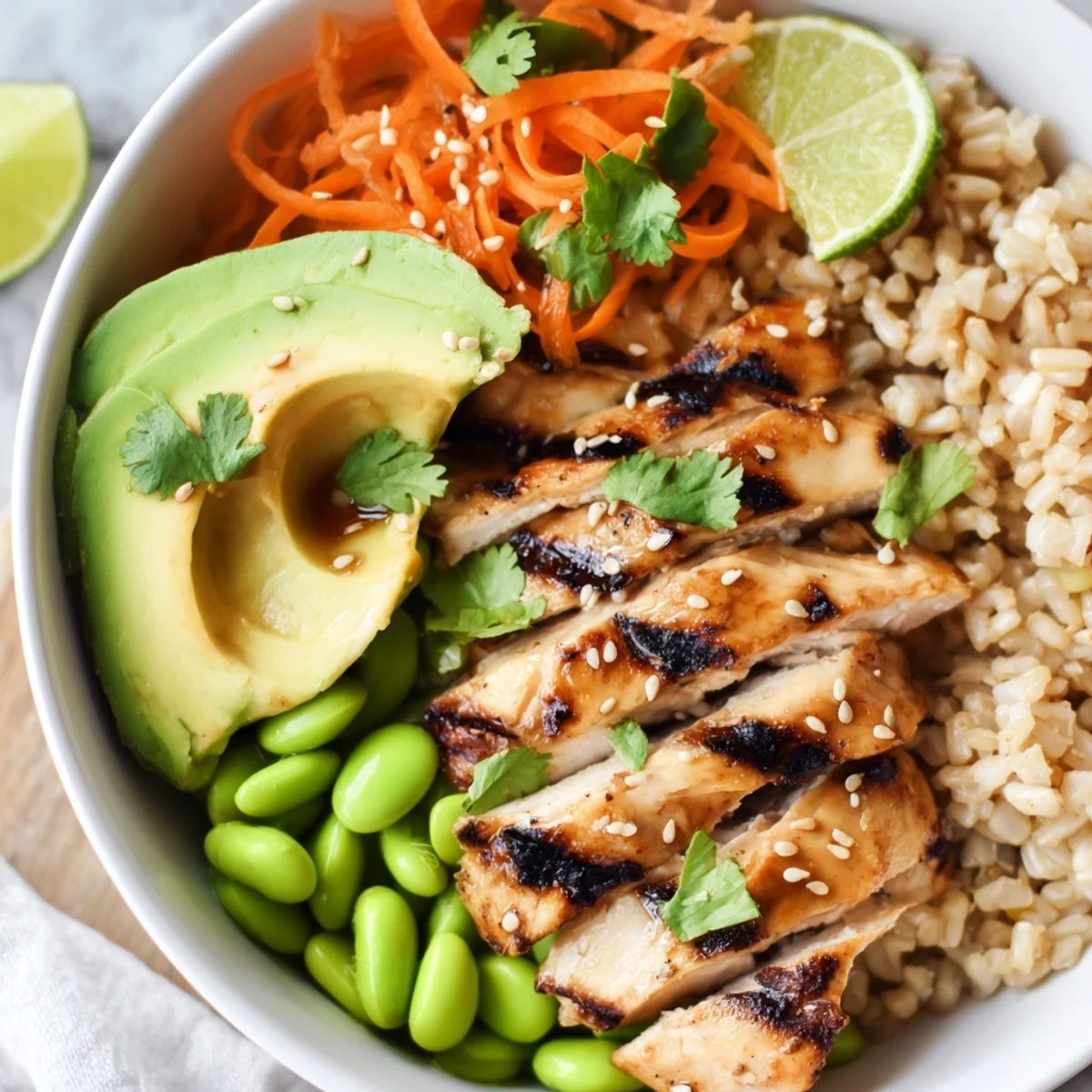 Colorful Asian inspired chicken power bowl with fresh vegetables and sesame garnish